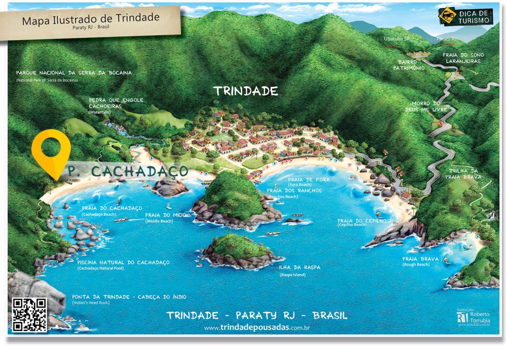 Mapa de localização da Praia do Cachadaço em Trindade - Paraty RJ - Ilustração: Roberto Torrubia